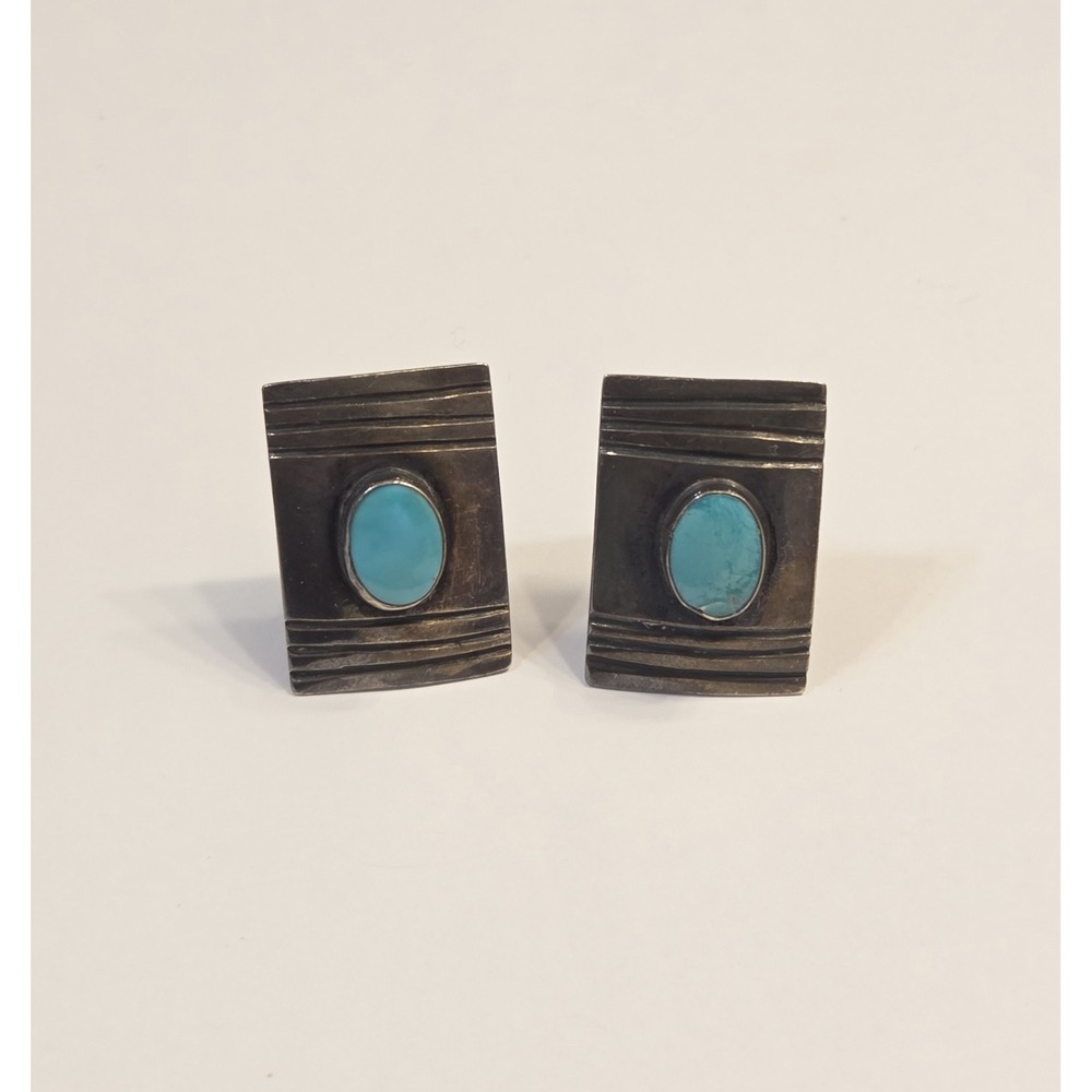 Vintage Handcrafted Sterling Silver Turquoise Navajo Cufflinks Unsigned